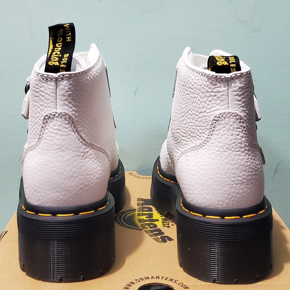 NIB DR. MARTENS Devon Flower Buckle White Leather Platform Boots Various Sizes - Picture 11 of 15